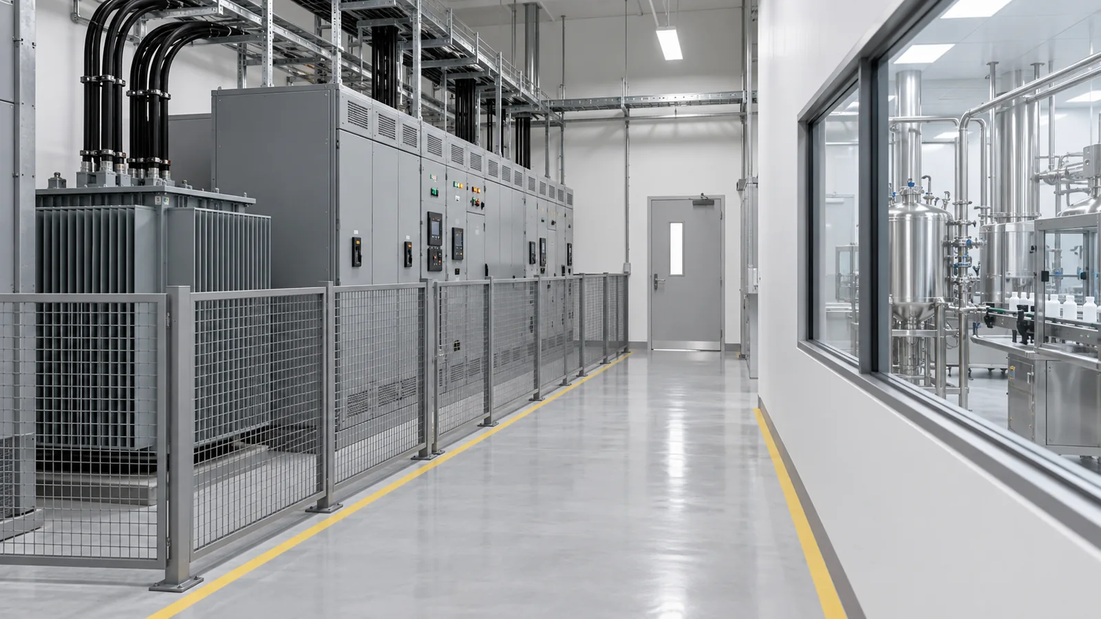 Industrial equipment room with monitored electrical panels and adjacent process equipment