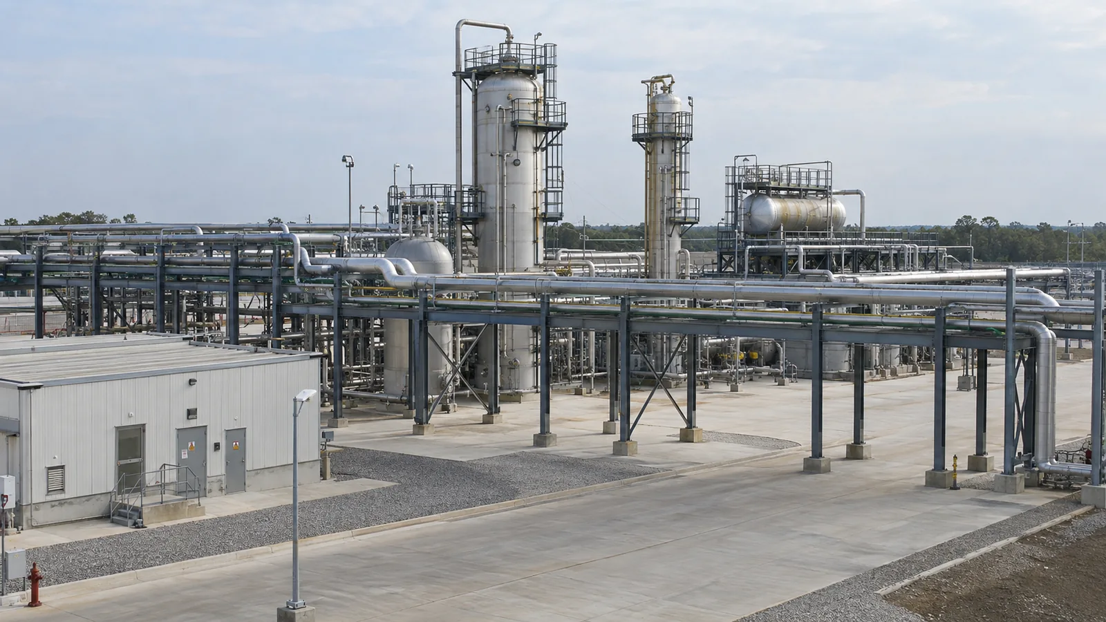 Process vessels, mechanical equipment and pipe racks at an industrial plant