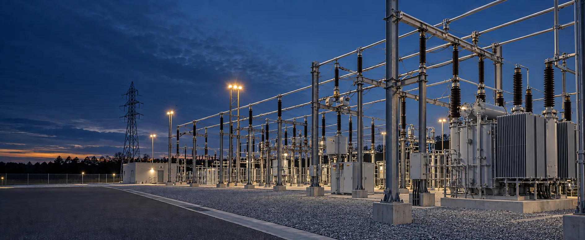 Transformer and high-voltage switchyard at an electrical substation