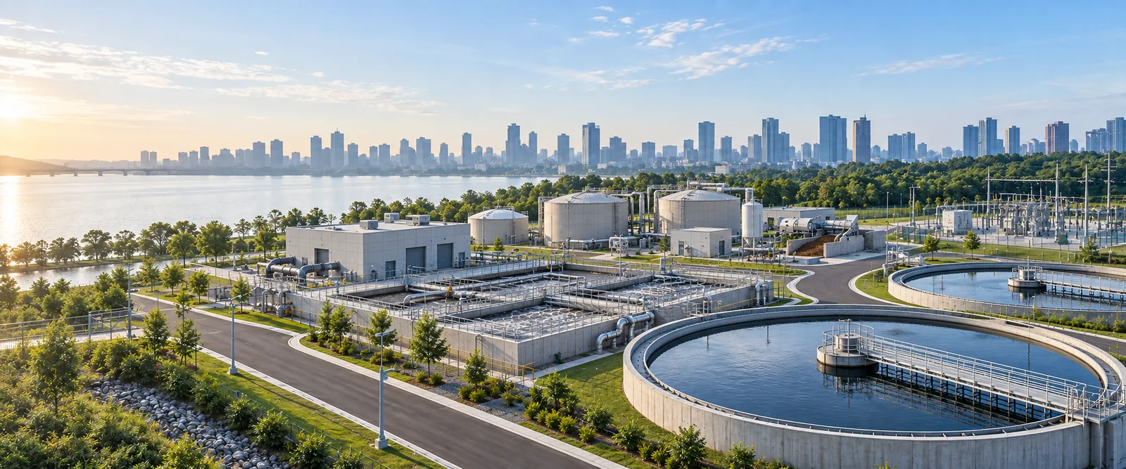 Concrete basins, buildings and supporting infrastructure at a water treatment facility