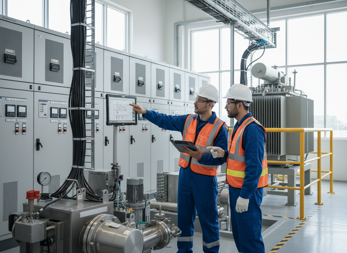 Plant engineers inspecting electrical equipment