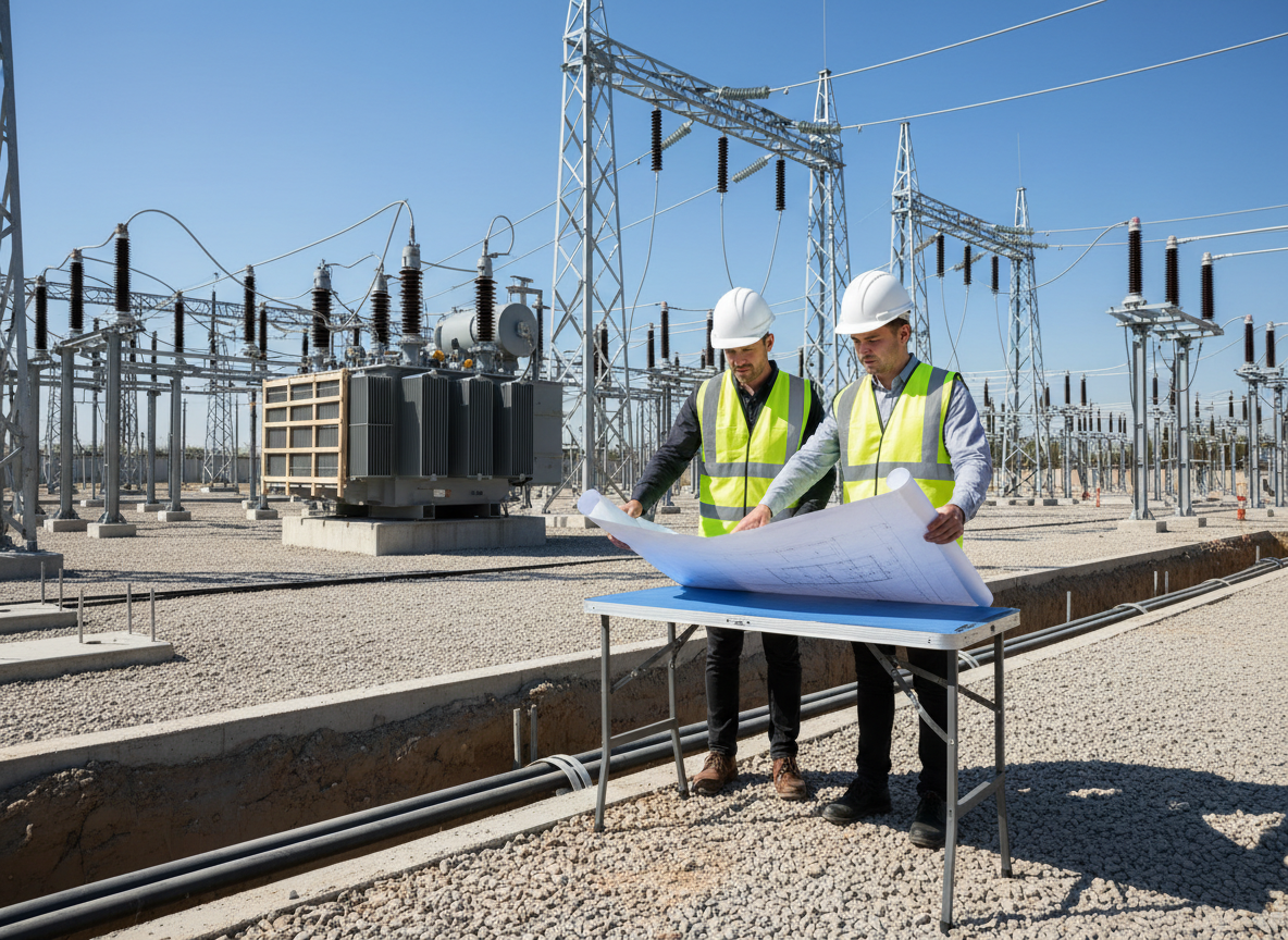 Engineers reviewing drawings at a high-voltage substation construction site