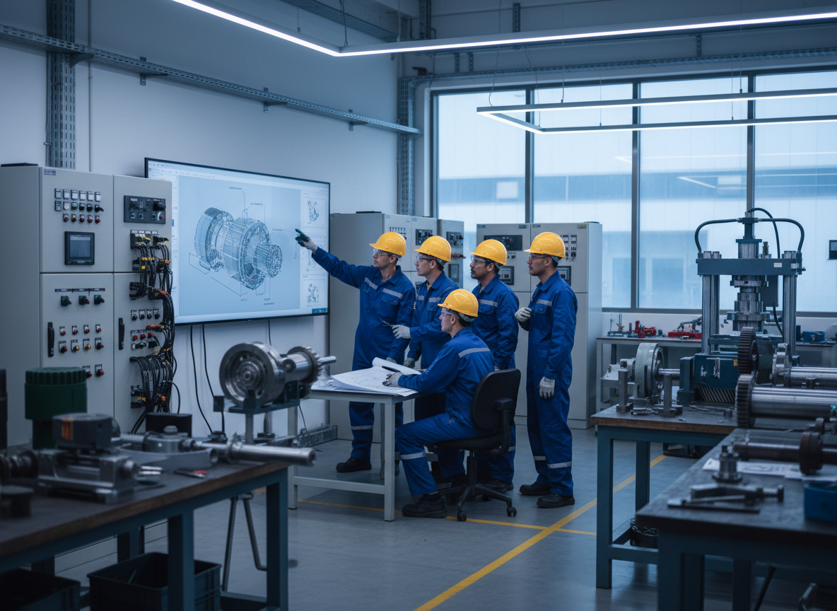 Multidisciplinary engineers reviewing an equipment design